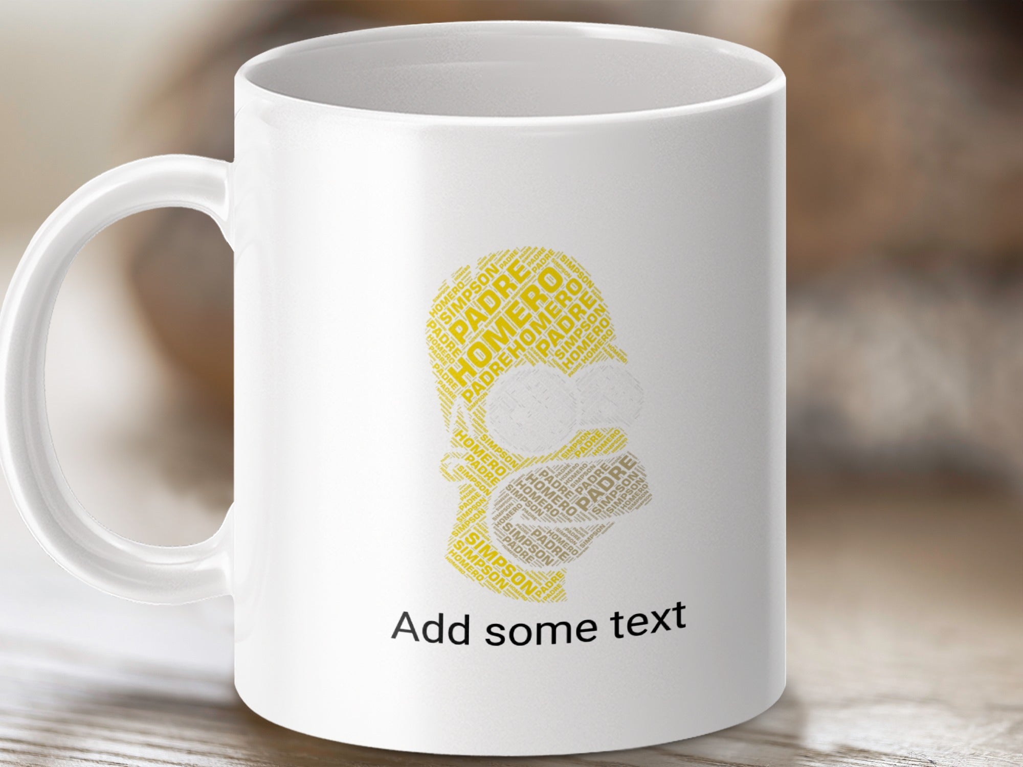 White mug with Homer Simpson's face made of "Homero" and "Padre" text.