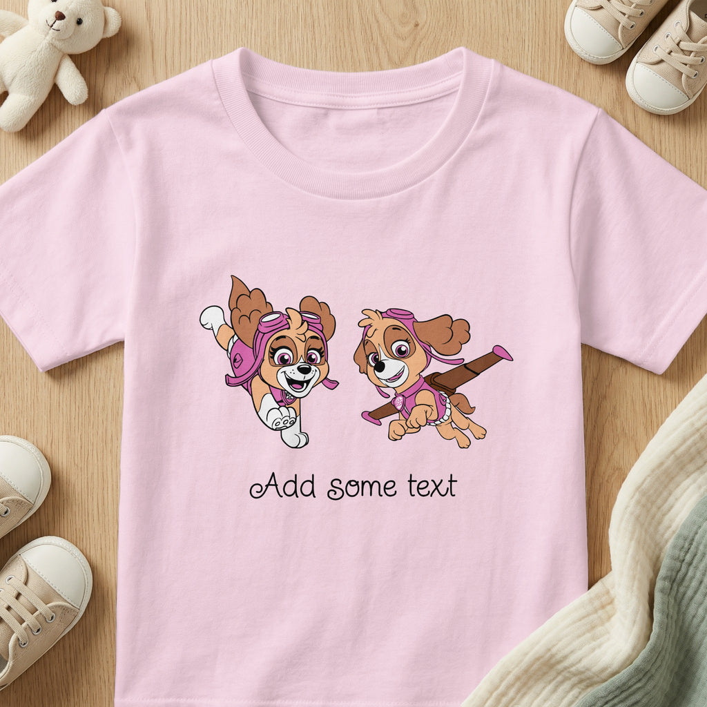 Pink t-shirt with two cartoon dogs and "Add some text."