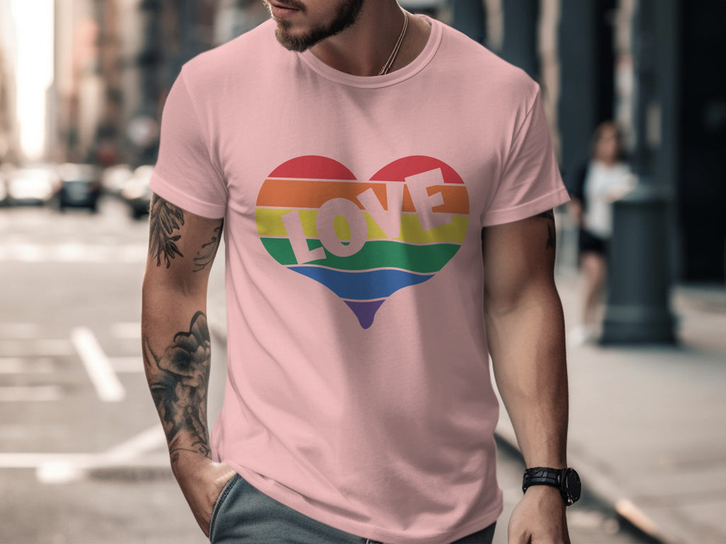 Pink t-shirt with rainbow heart graphic and the word "LOVE" across it.