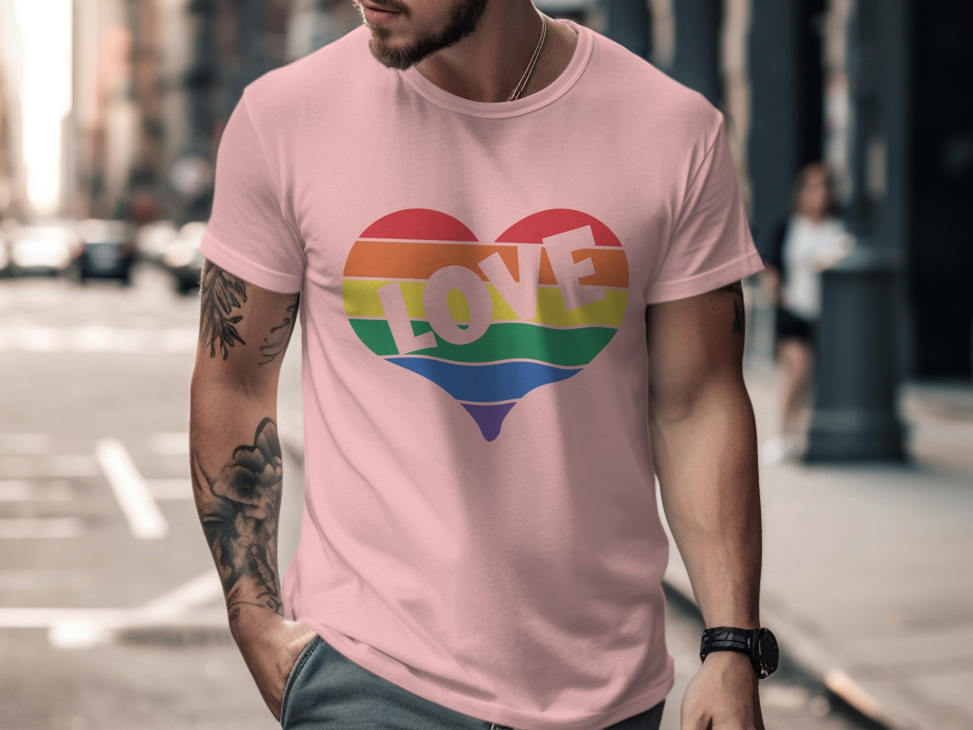 Pink t-shirt with rainbow heart graphic and the word "LOVE" across it.