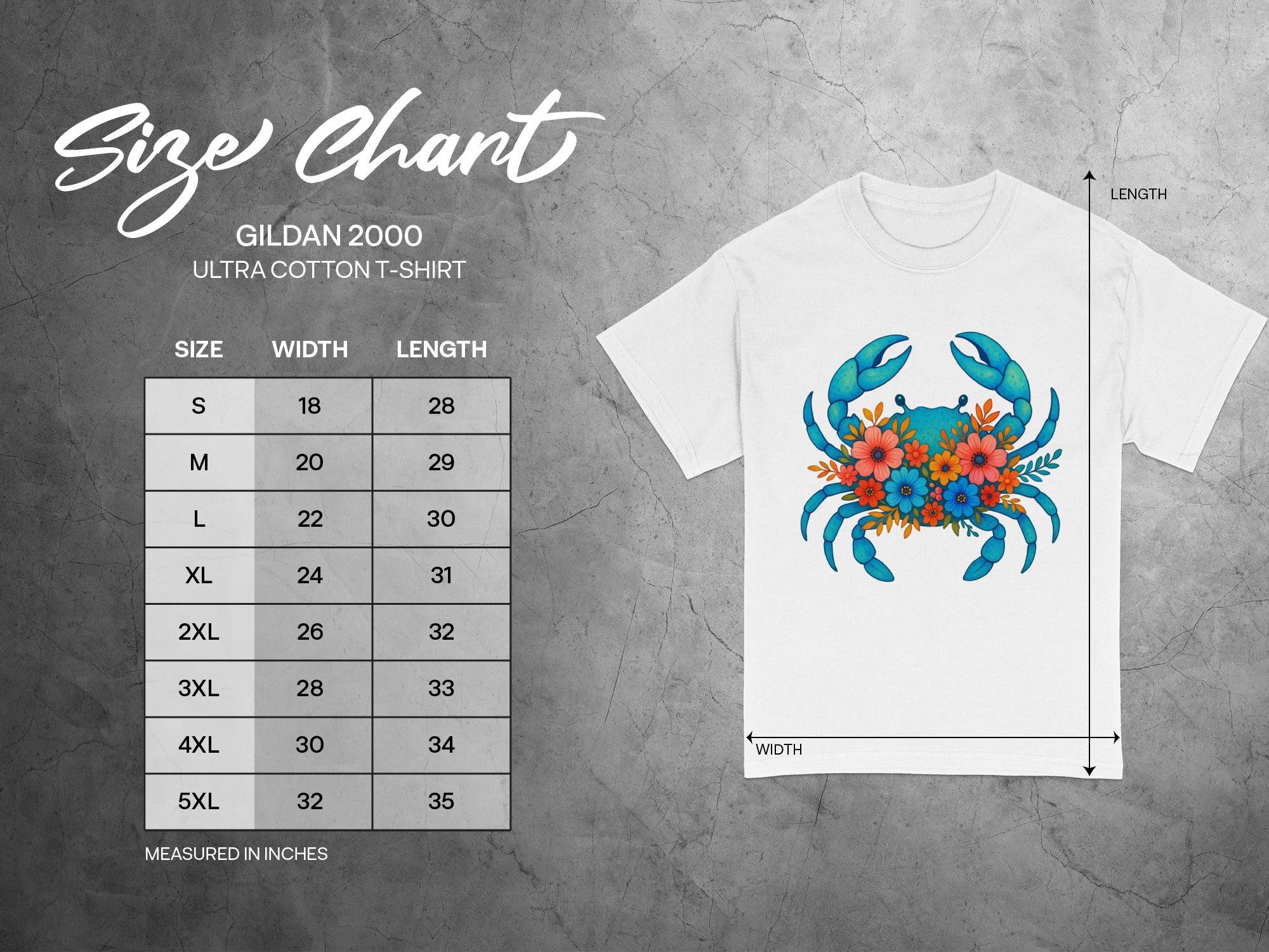 Gildan 2000 Ultra Cotton t-shirt size chart with crab graphic.