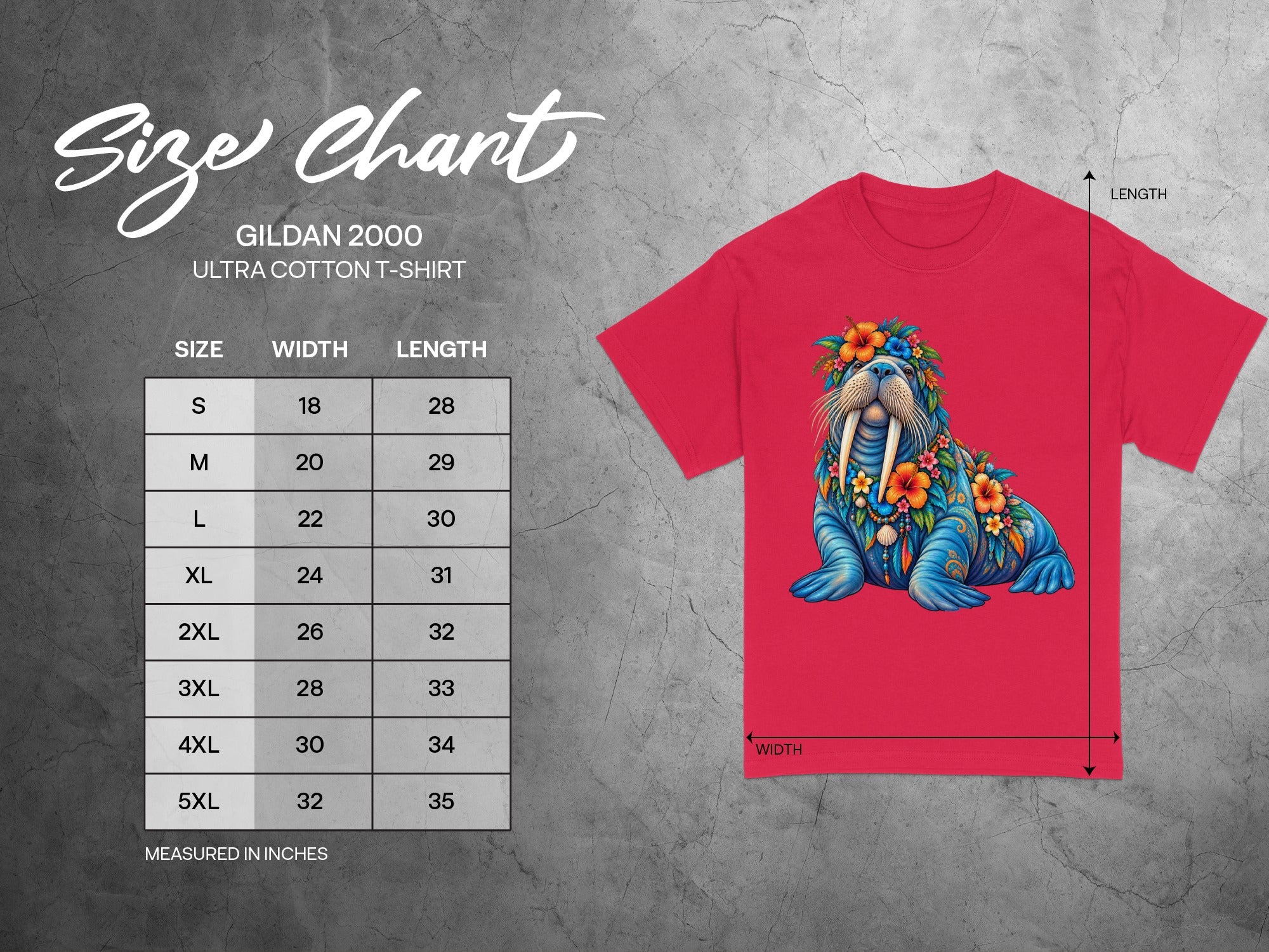 Size chart for Gildan 2000 Ultra Cotton t-shirt with width and length measurements.
