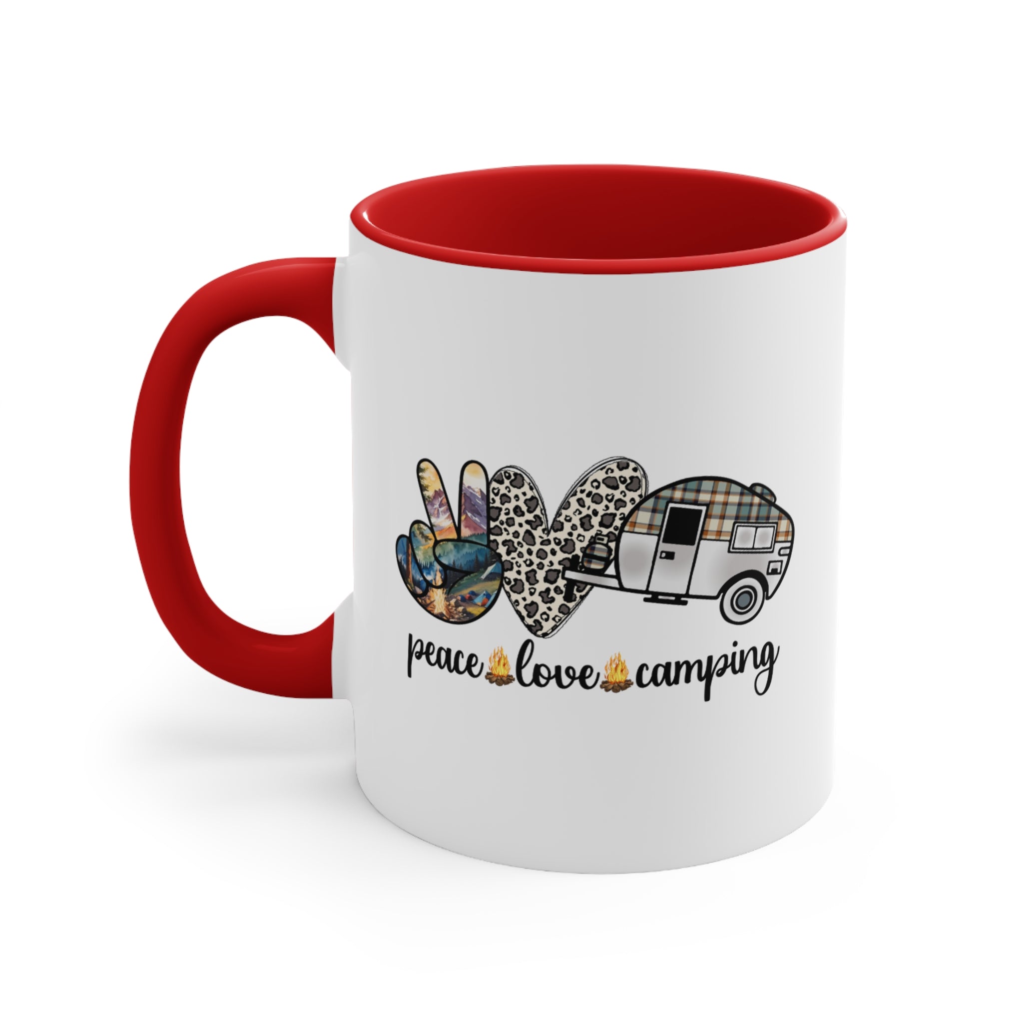 White ceramic mug with red handle and interior, features "peace love camping" graphic.