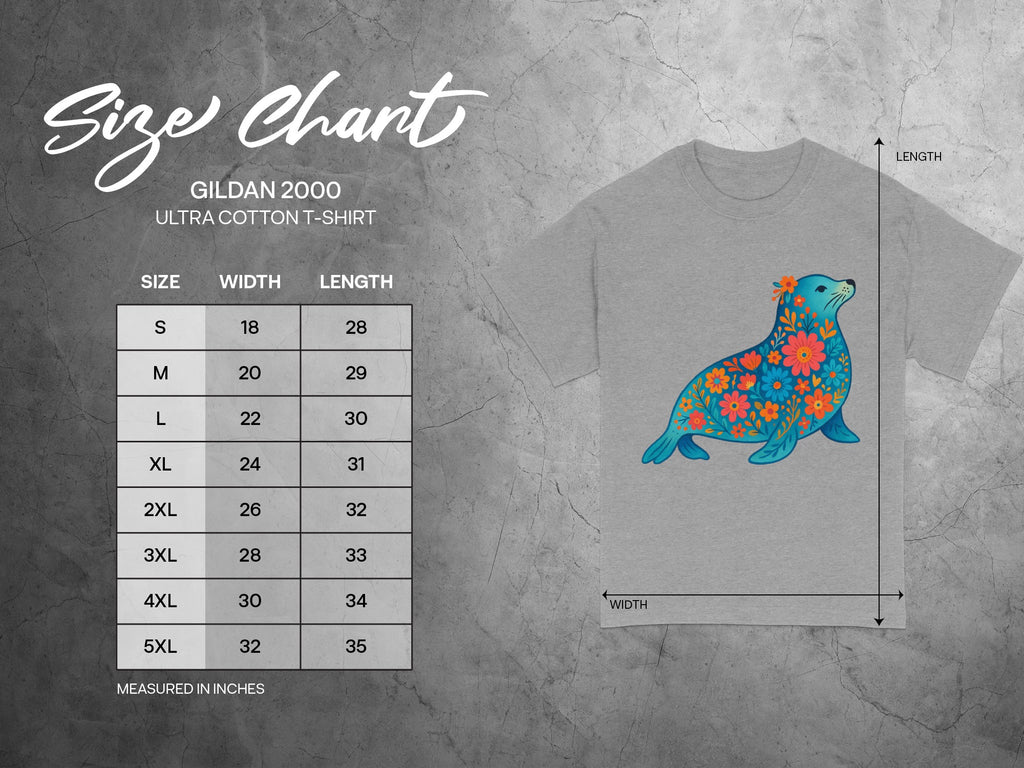 Gildan 2000 Ultra Cotton t-shirt size chart with floral seal graphic.