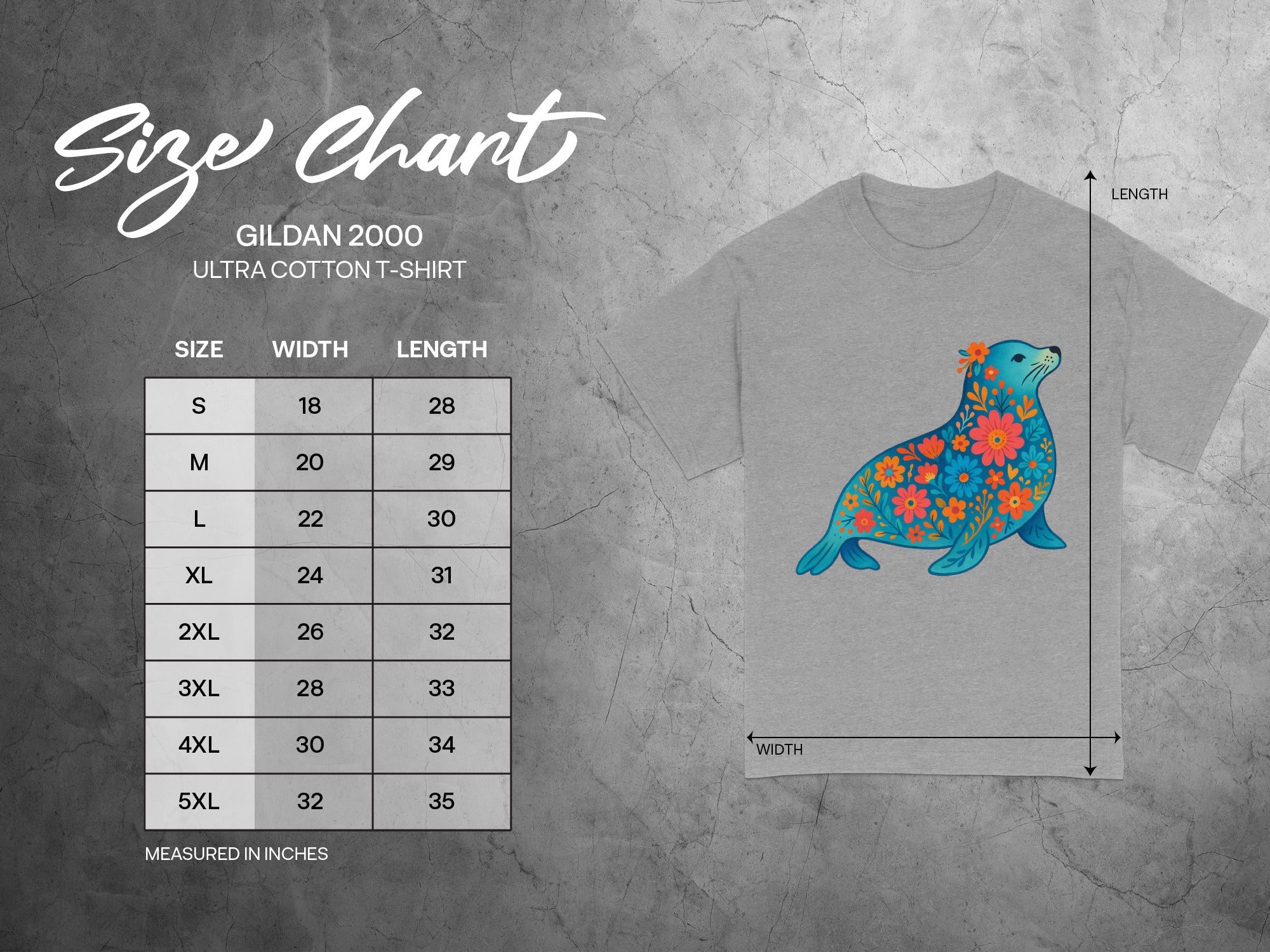 Gildan 2000 Ultra Cotton t-shirt size chart with floral seal graphic.