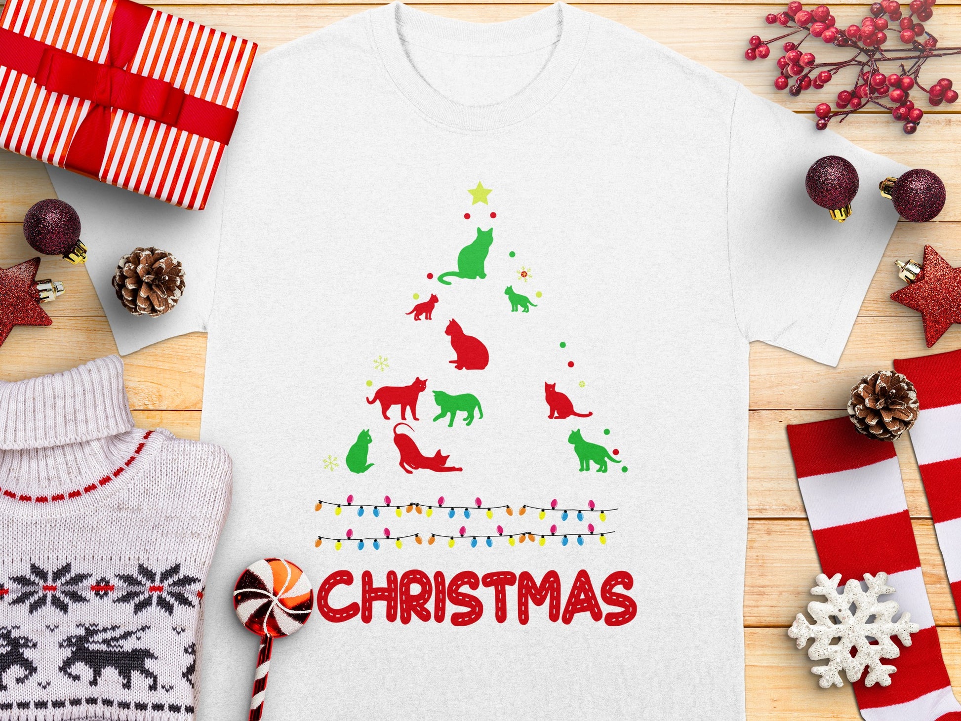 Festive Christmas Cats Shirt with Colorful Lights Design