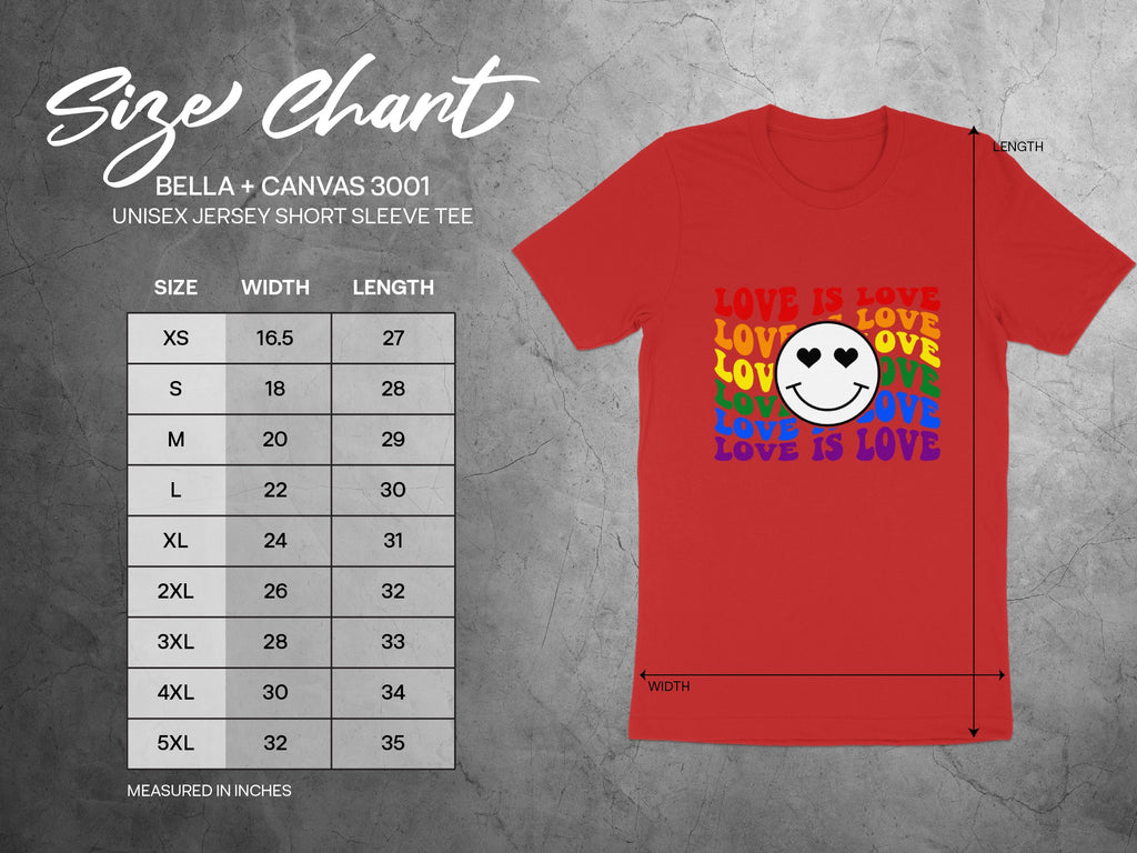 Bella + Canvas 3001 size chart with width and length measurements for unisex short sleeve tees.
