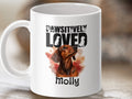 White mug with a dachshund and "Pawsitively Loved Molly" text.