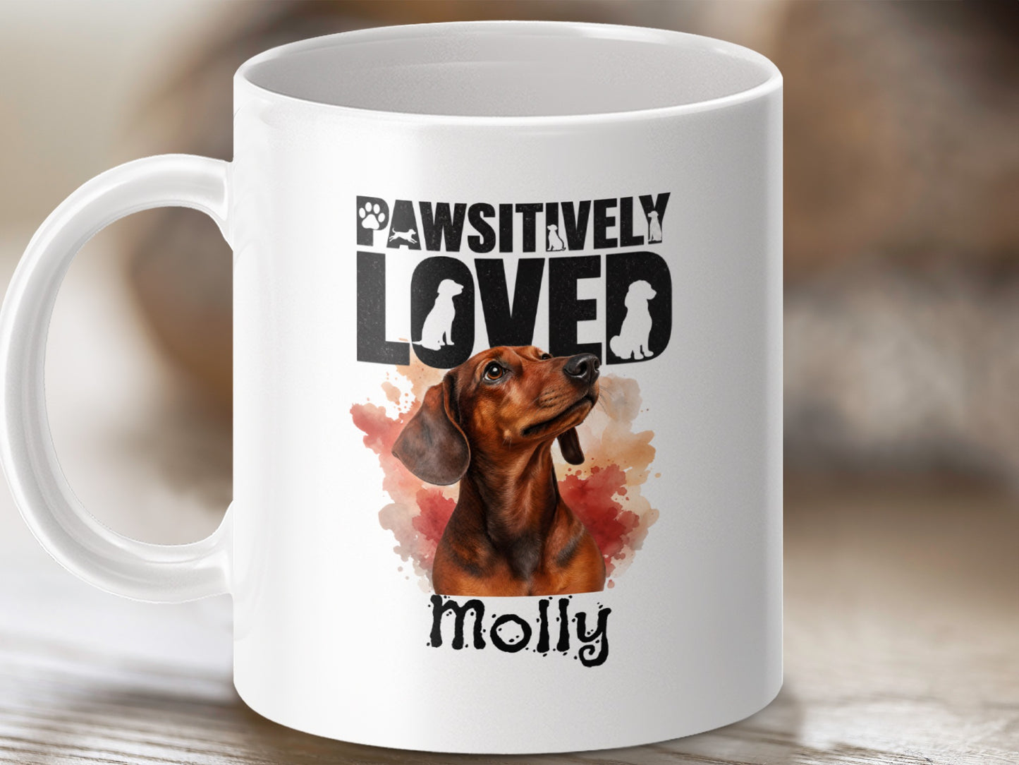 White mug with a dachshund and "Pawsitively Loved Molly" text.