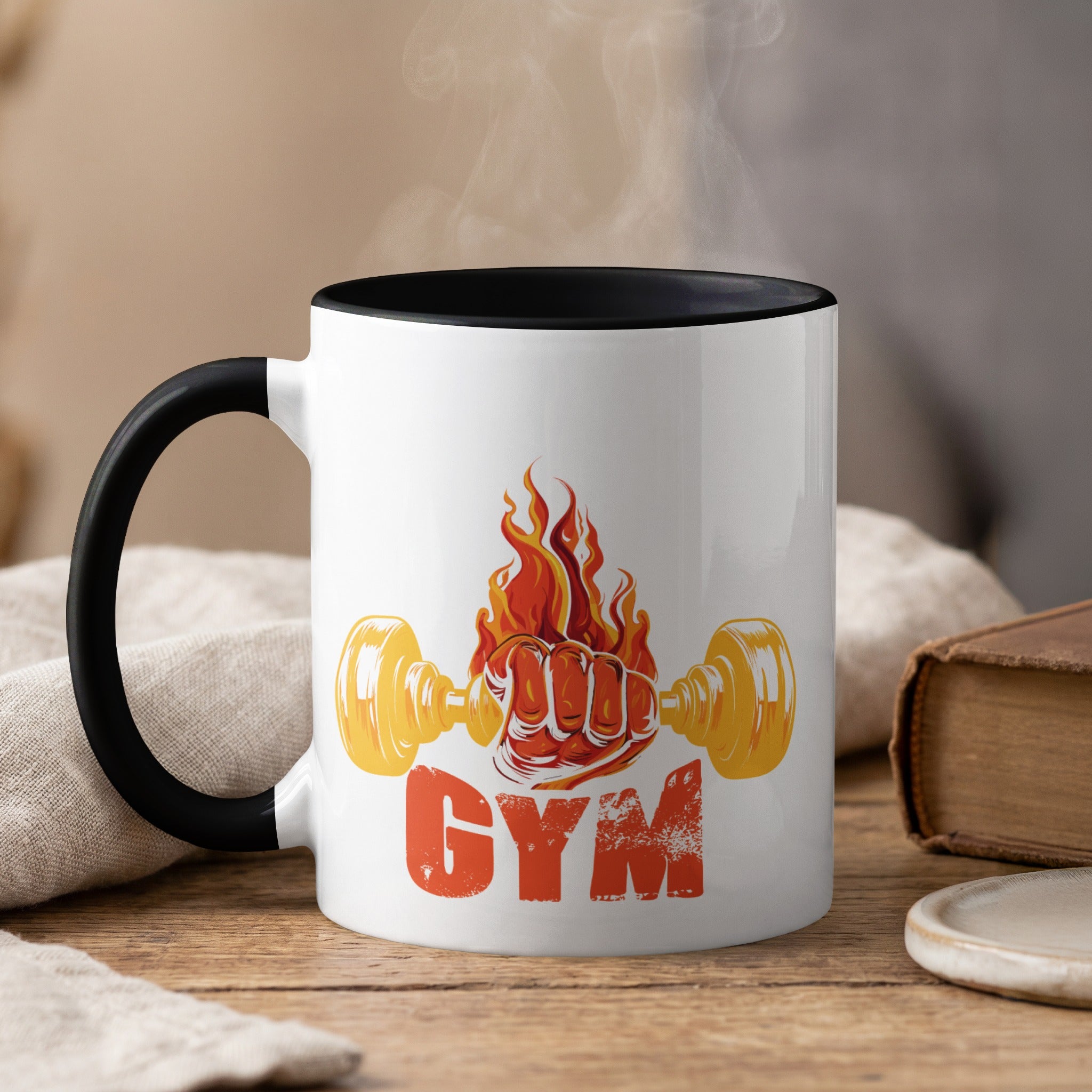 Mug with a flaming dumbbell and the word "GYM" in red.