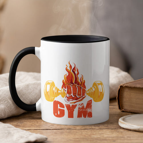 Mug with a flaming dumbbell and the word "GYM" in red.
