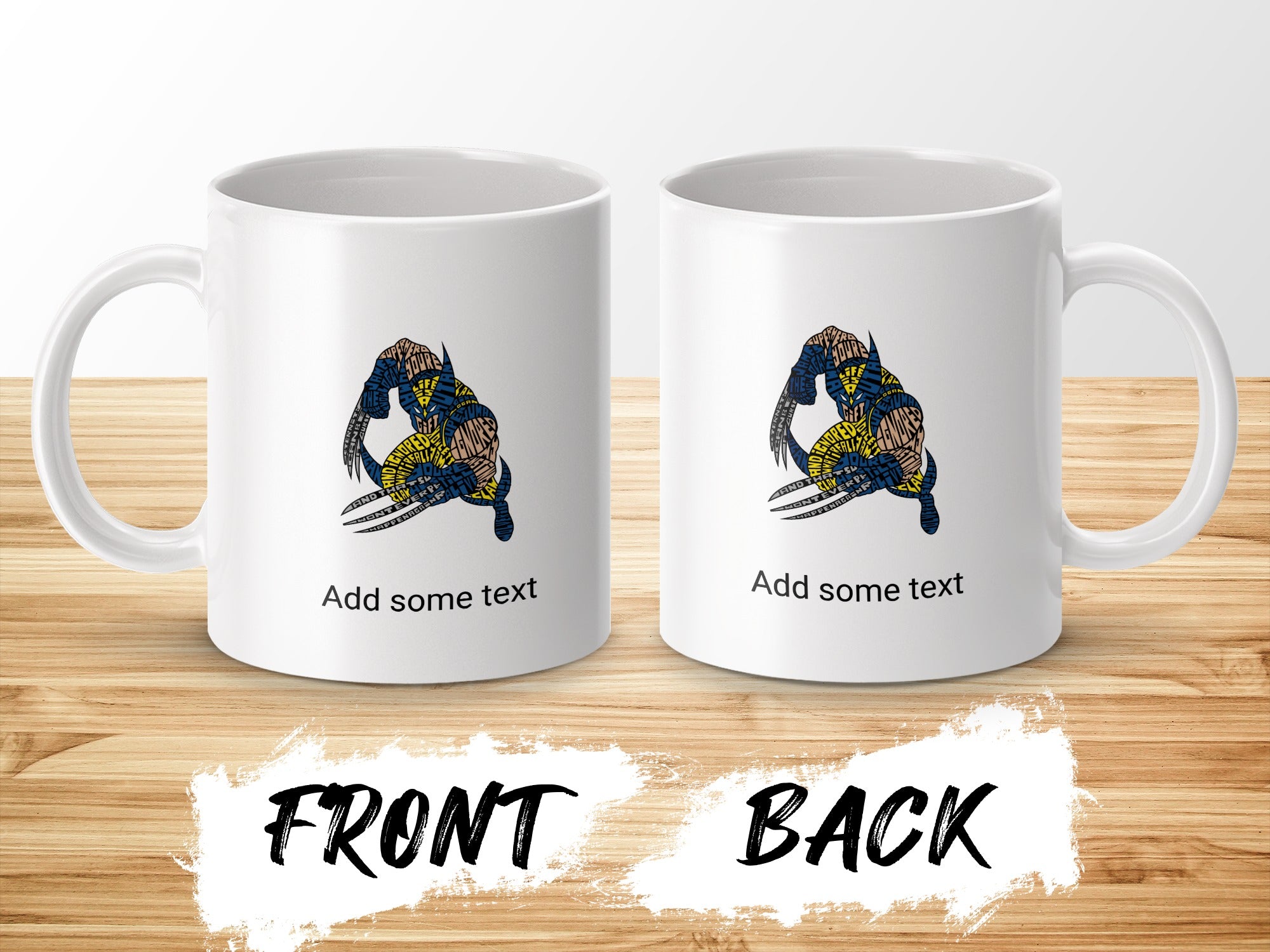 Two white mugs with Wolverine graphic and "Add some text" on wooden background.