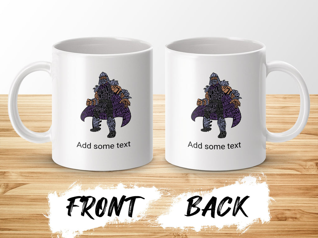 Mug featuring Shredder design with text, "FRONT BACK" below.