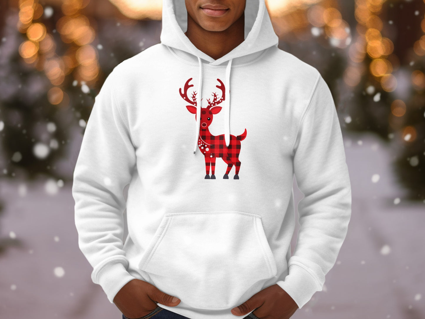 Festive Plaid Reindeer Print Hoodie for Holiday Season