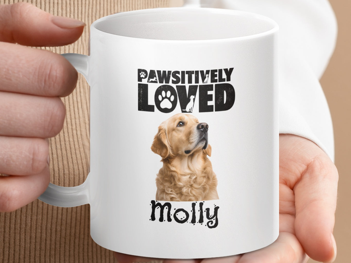 White mug with "Pawsitively Loved" and "Molly" text, featuring a Golden Retriever.