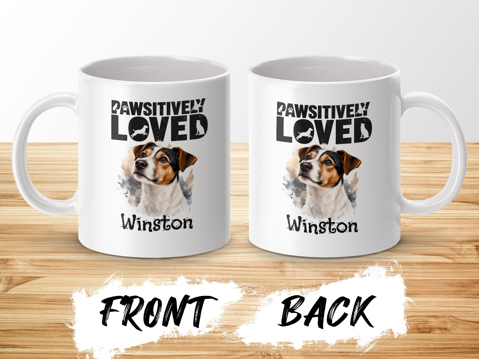 White mugs with Jack Russell terrier art and "Pawsitively Loved Winston" text.