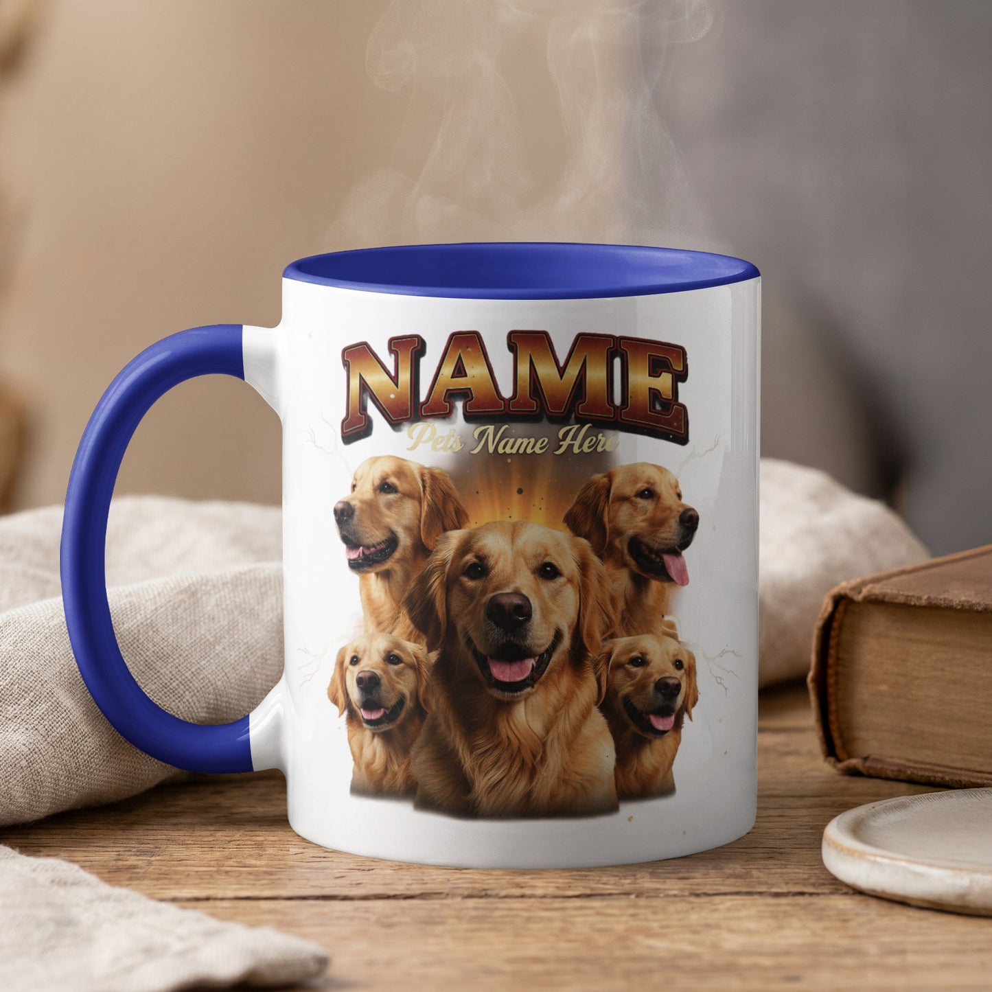 Mug with five golden retrievers and "NAME Pets Name Here" text.