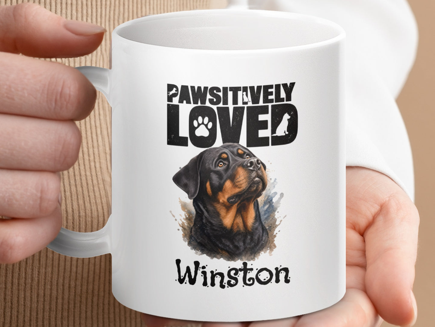 White mug with Rottweiler portrait, "PAWSITIVELY LOVED" text, and "Winston" name.