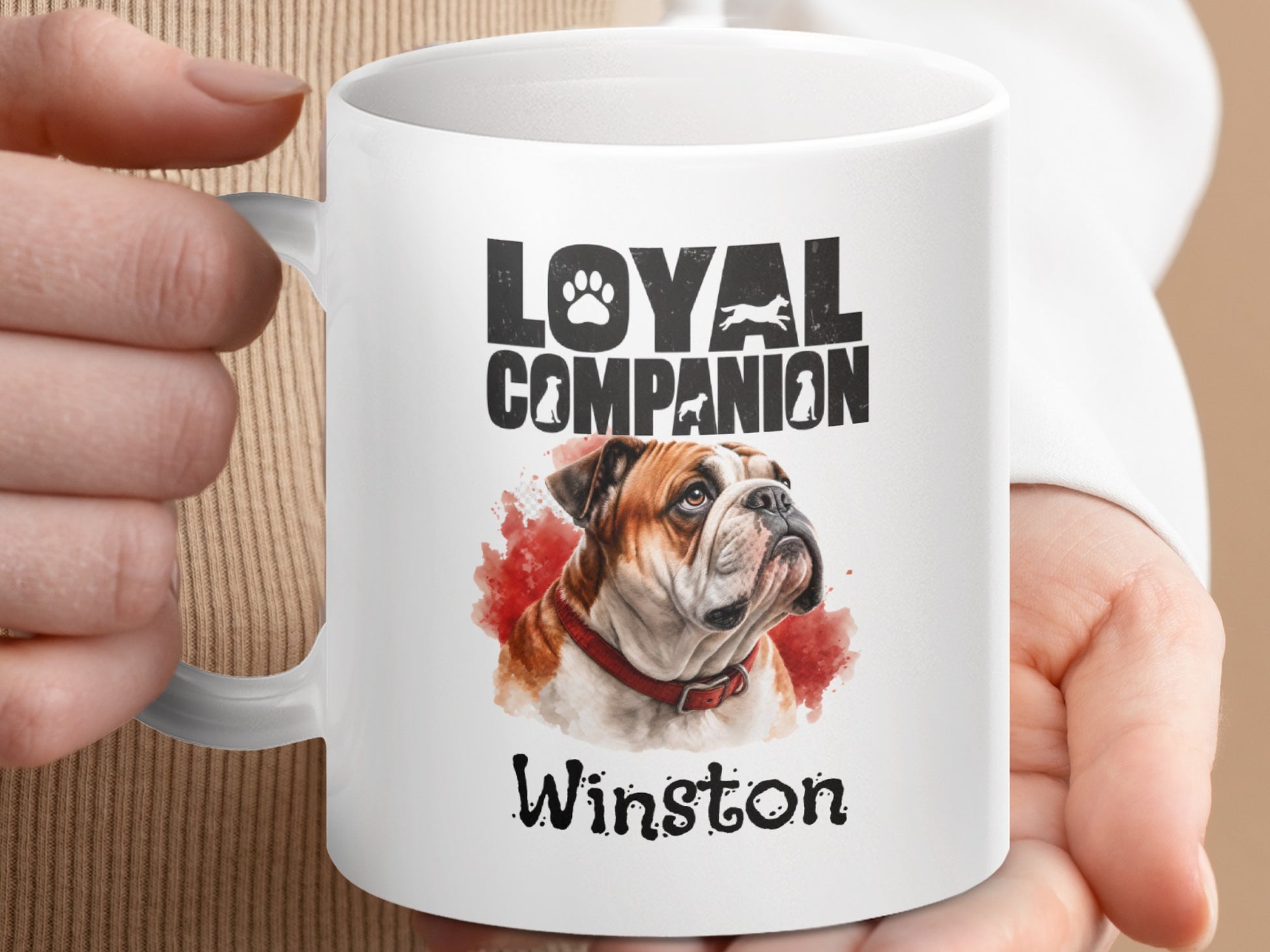 White mug with "Loyal Companion" text and an English Bulldog portrait named Winston.