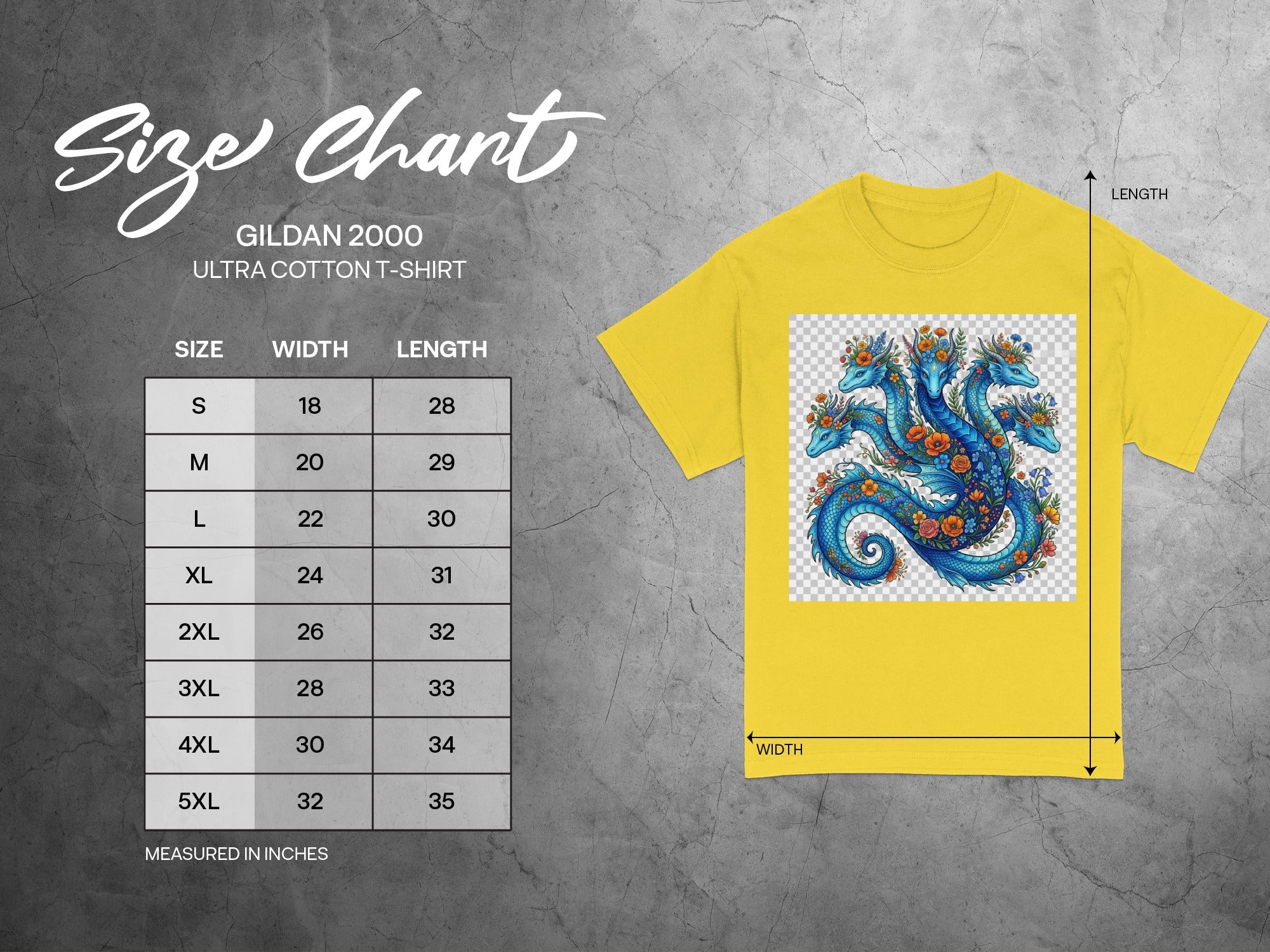 Gildan 2000 Ultra Cotton t-shirt size chart with dragon graphic.