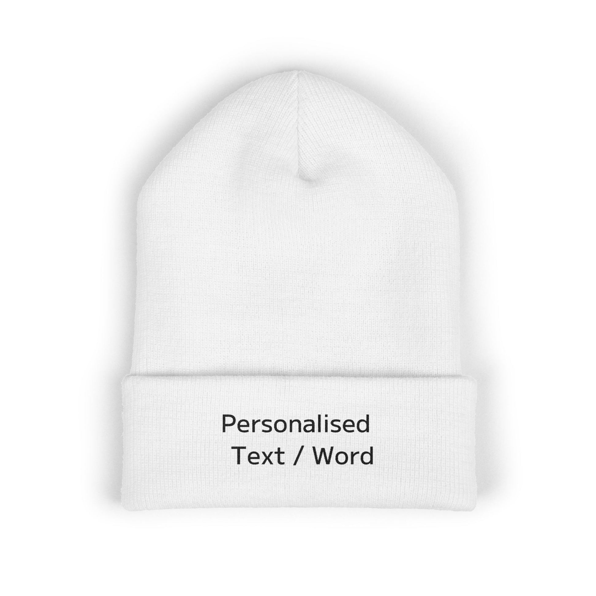 White knitted beanie with folded brim featuring "Personalised Text / Word"