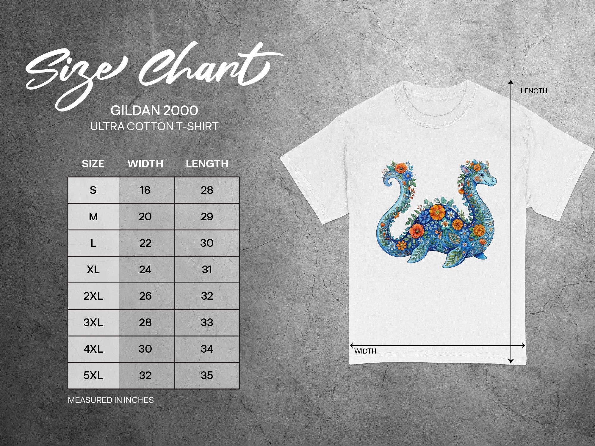 Gildan 2000 Ultra Cotton t-shirt size chart with dimensions in inches.
