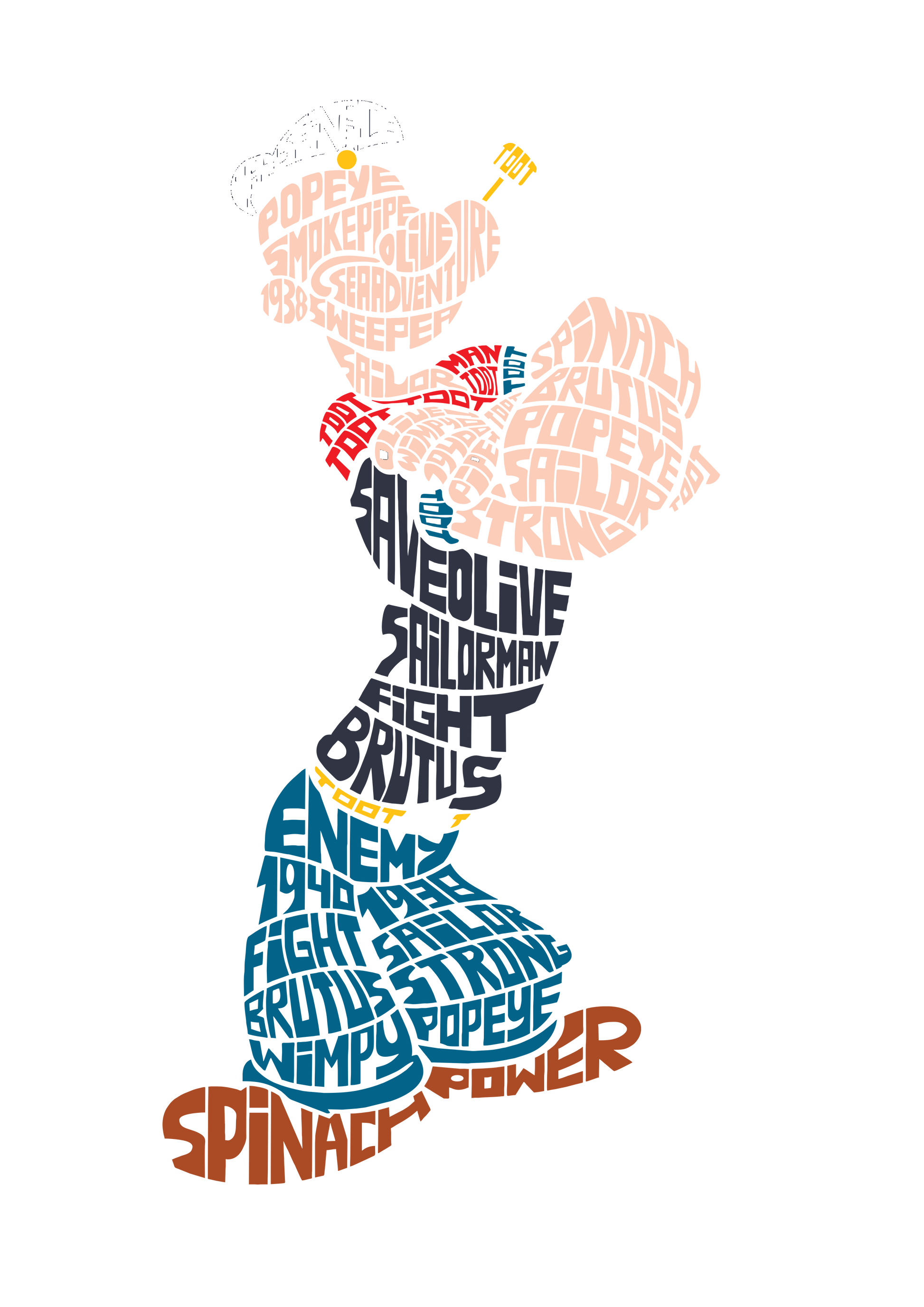 Popeye formed from words like "sailorman," "brutus," "spinach," and "power."