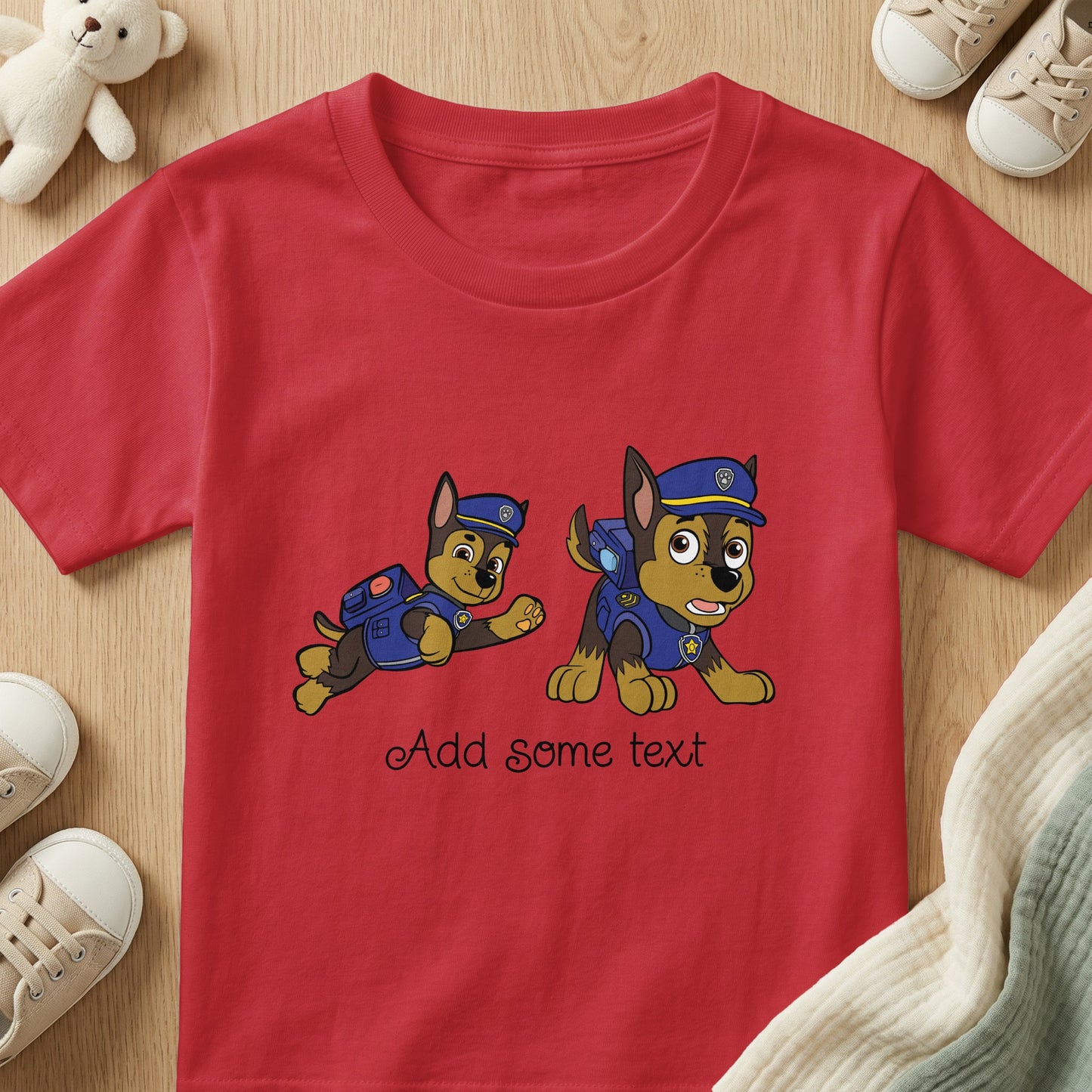 Red t-shirt with two cartoon German Shepherd police dogs and "Add some text"