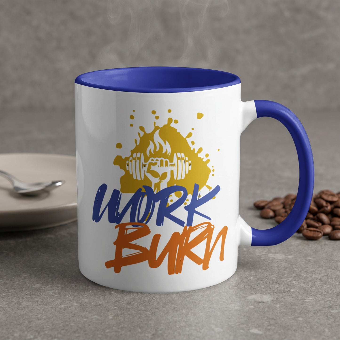White mug with blue handle and "WORK BURN" text and barbell graphic.