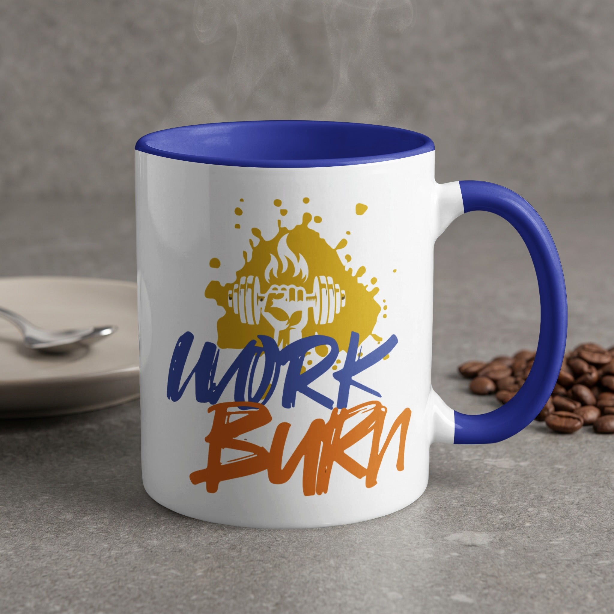 White mug with blue handle and "WORK BURN" text and barbell graphic.