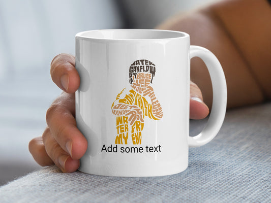 White mug with silhouette of Bruce Lee made of text.