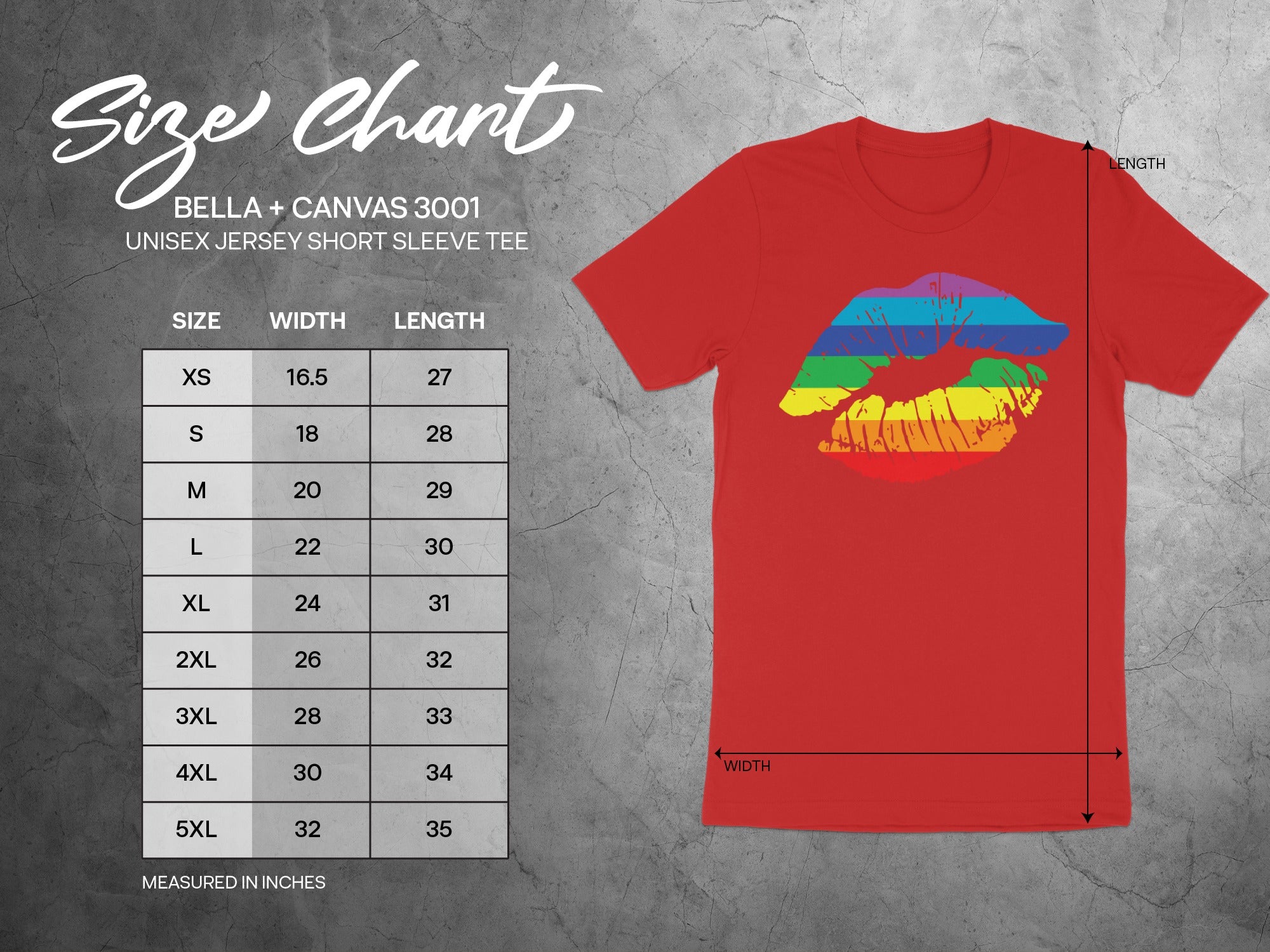 Bella + Canvas 3001 unisex tee size chart with measurements in inches.