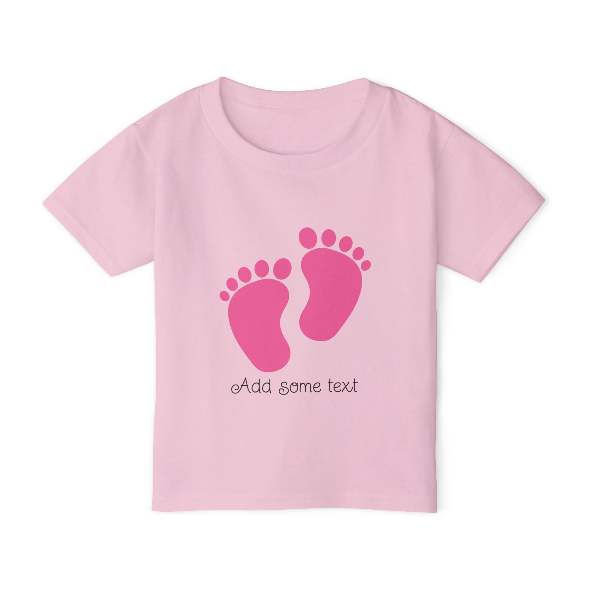 Pink t-shirt with two pink baby footprints and "Add some text."
