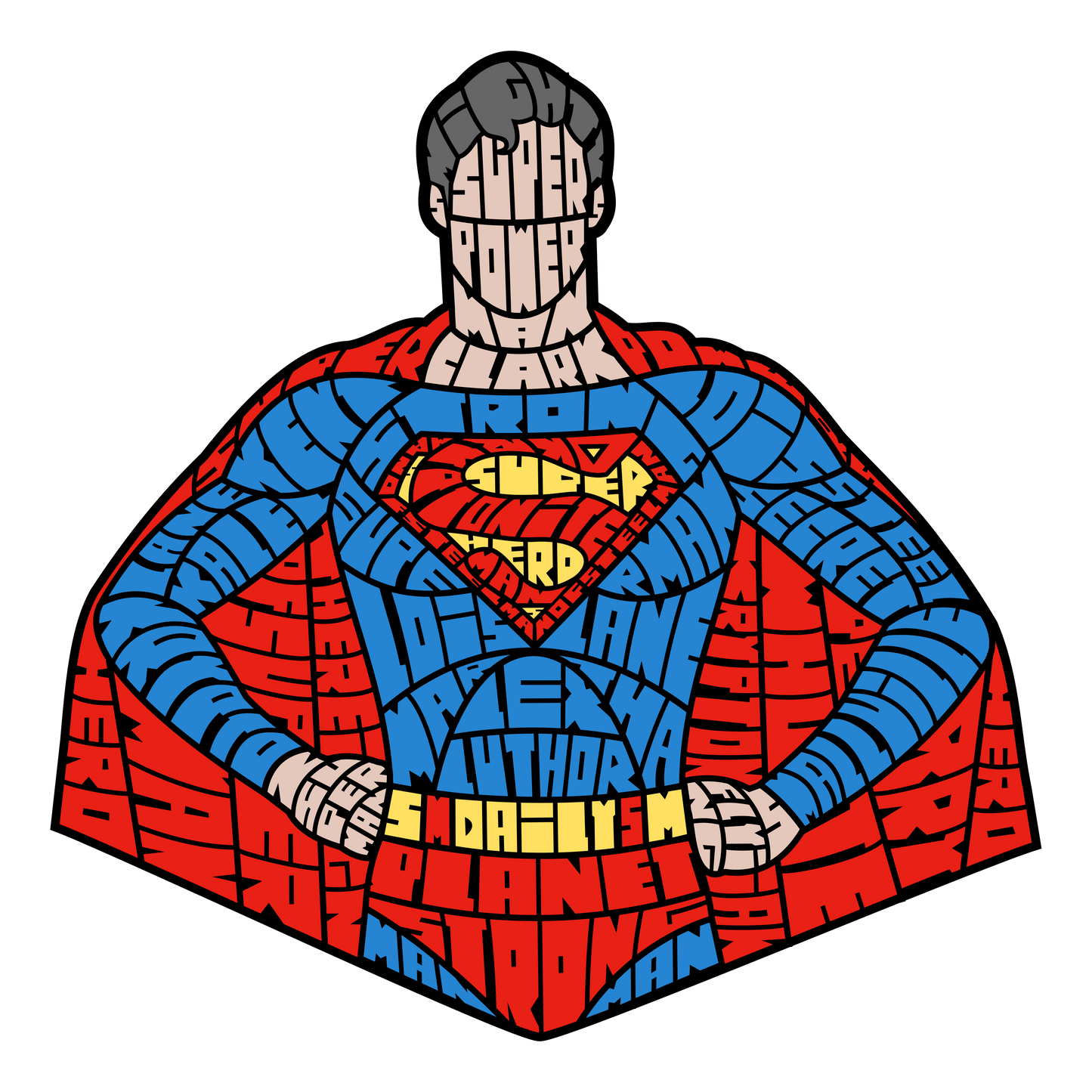 Superman depicted entirely via text, forming his iconic suit and cape.