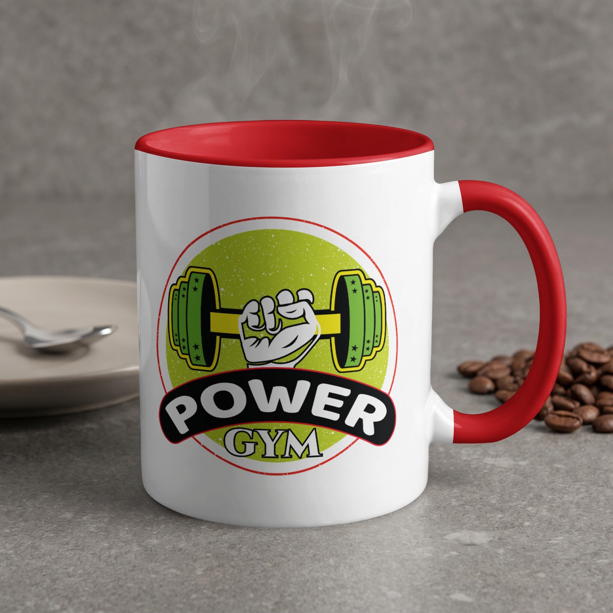 White ceramic mug with red handle, featuring a "Power Gym" logo with a flexing arm and dumbbell.