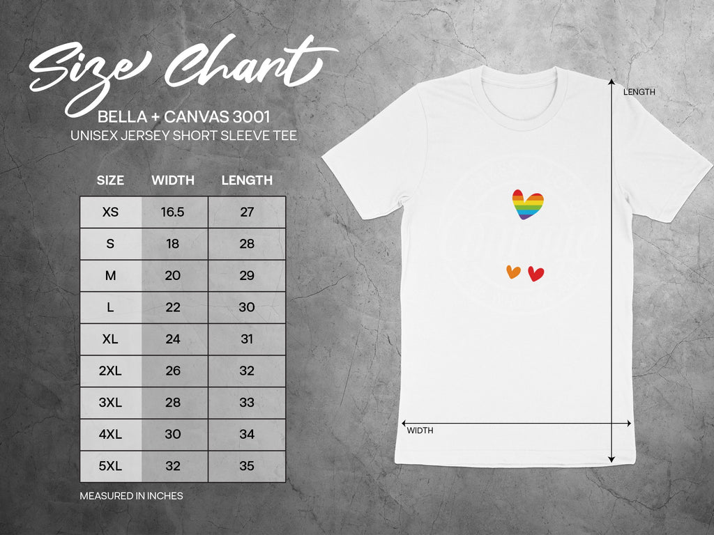 Bella + Canvas 3001 unisex tee size chart with width and length measurements in inches.