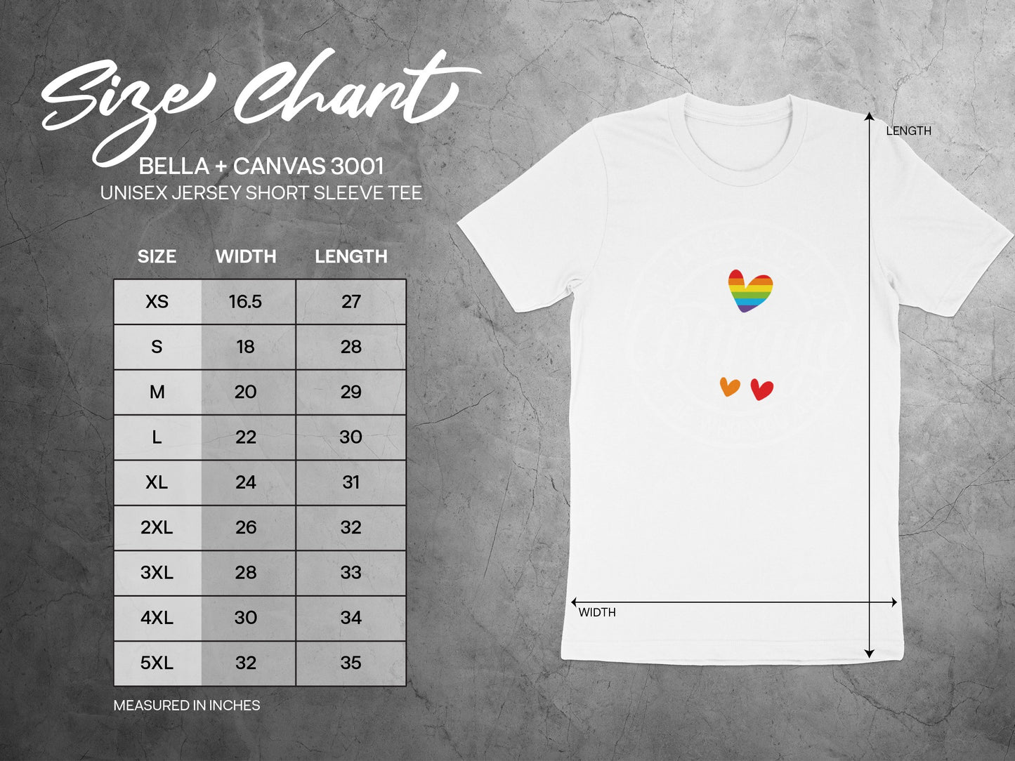 Bella + Canvas 3001 unisex tee size chart with width and length measurements in inches.