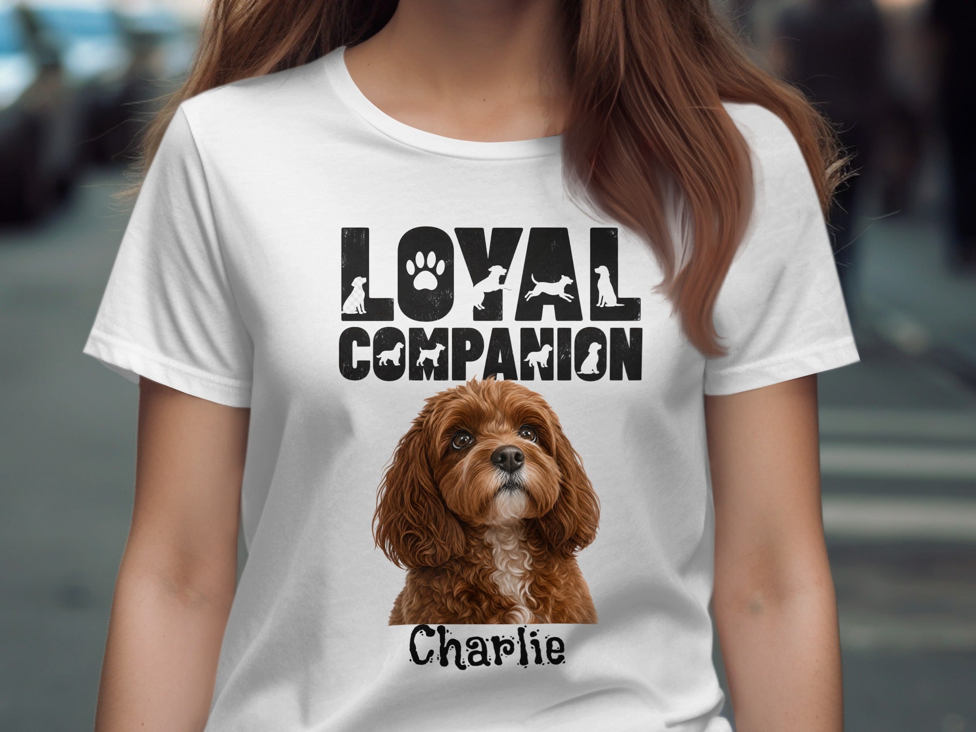 White t-shirt with "LOYAL COMPANION" text, dog icons, a brown dog portrait, and "Charlie" text.