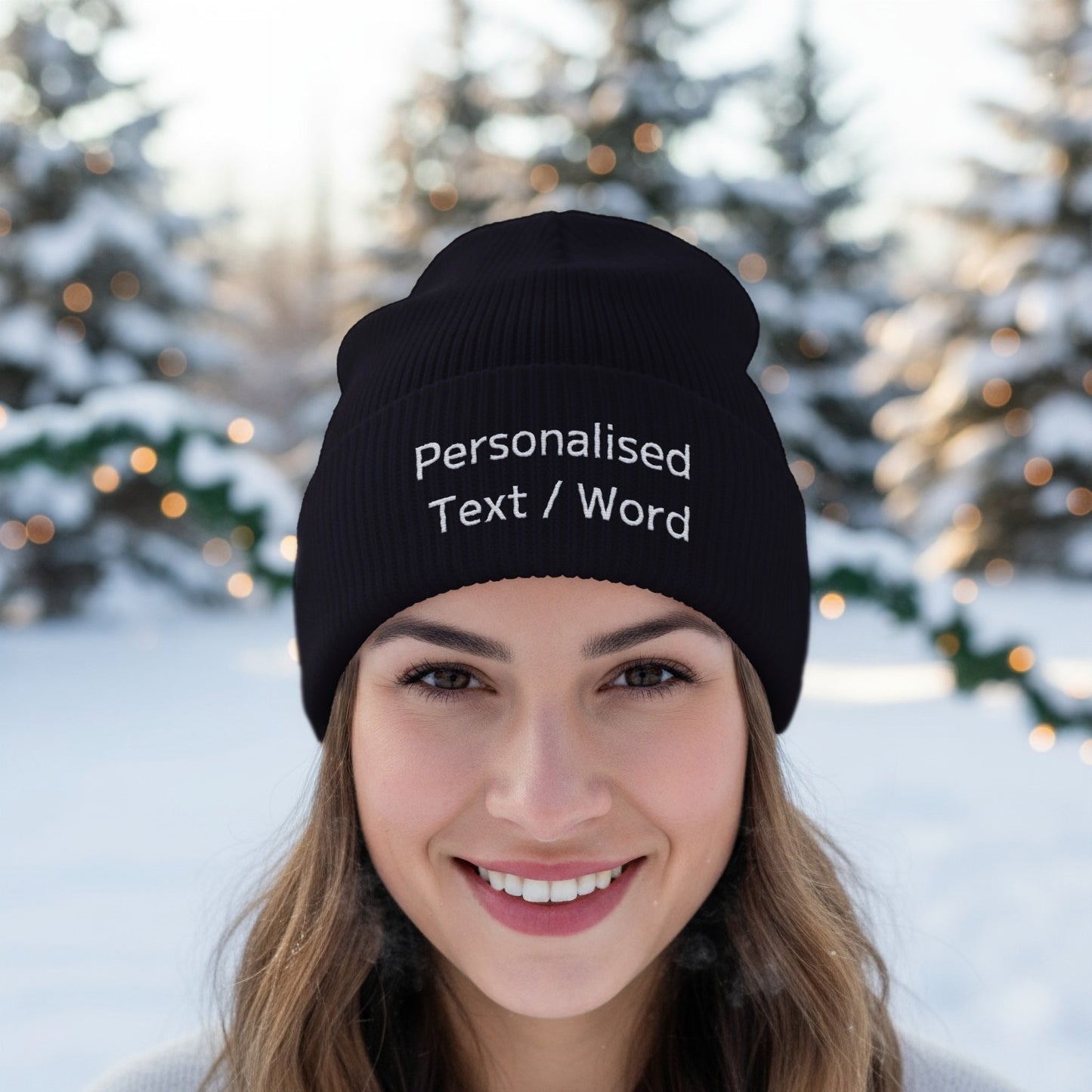 Black beanie with white embroidered text "Personalised Text / Word".