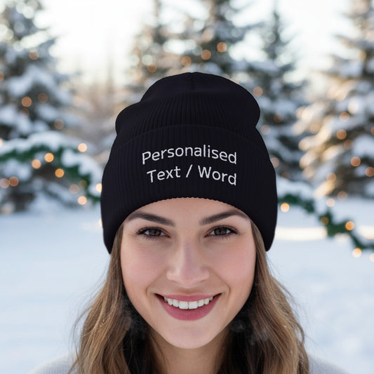 Black beanie with white embroidered text "Personalised Text / Word".