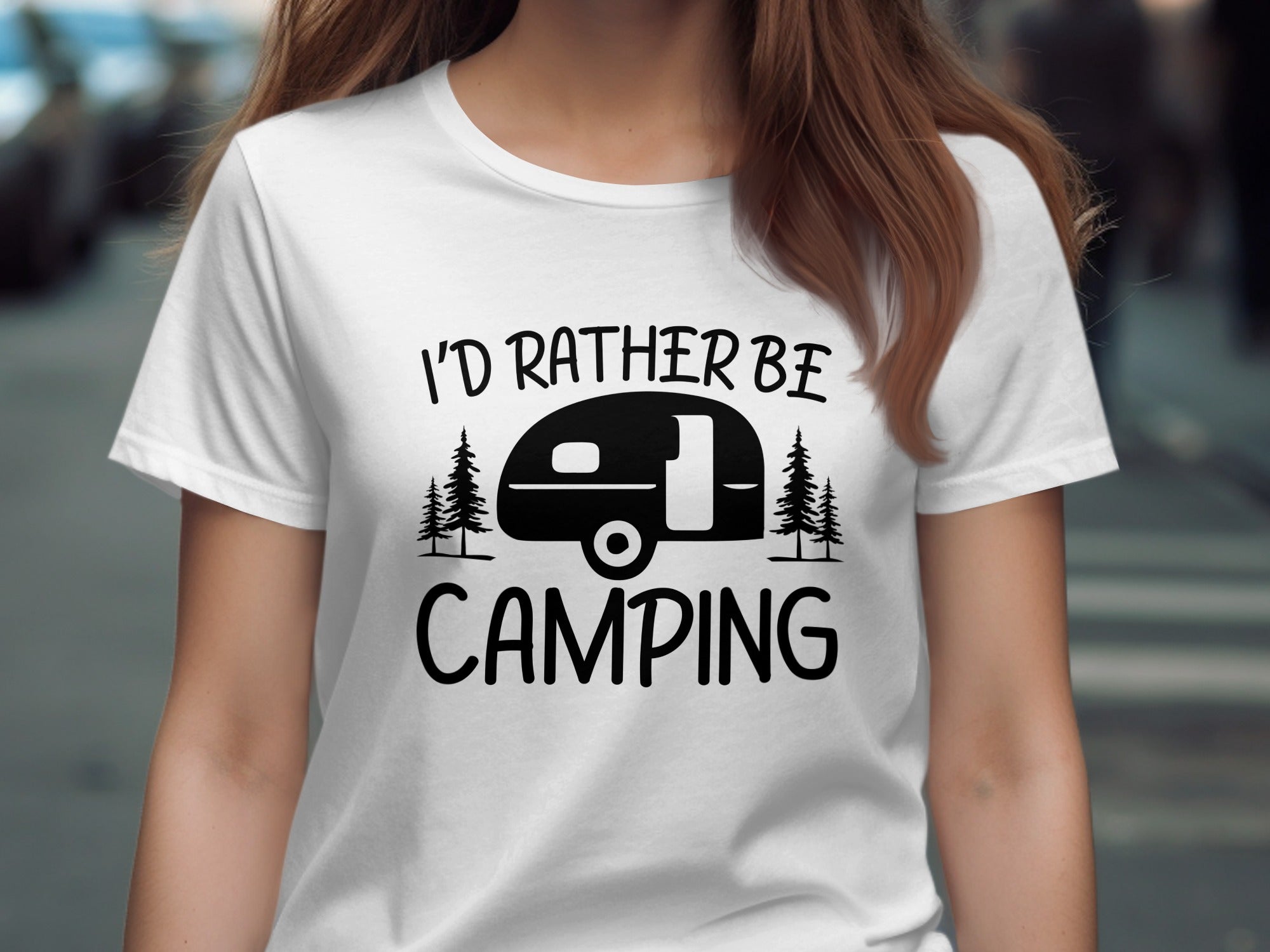 White t-shirt with "I'd Rather Be Camping" text and a truck camper RV graphic.