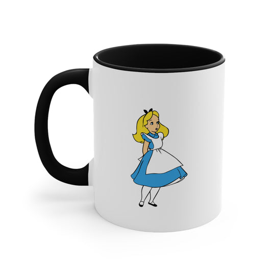 Alice in Wonderland character on a white mug with a black interior and handle.