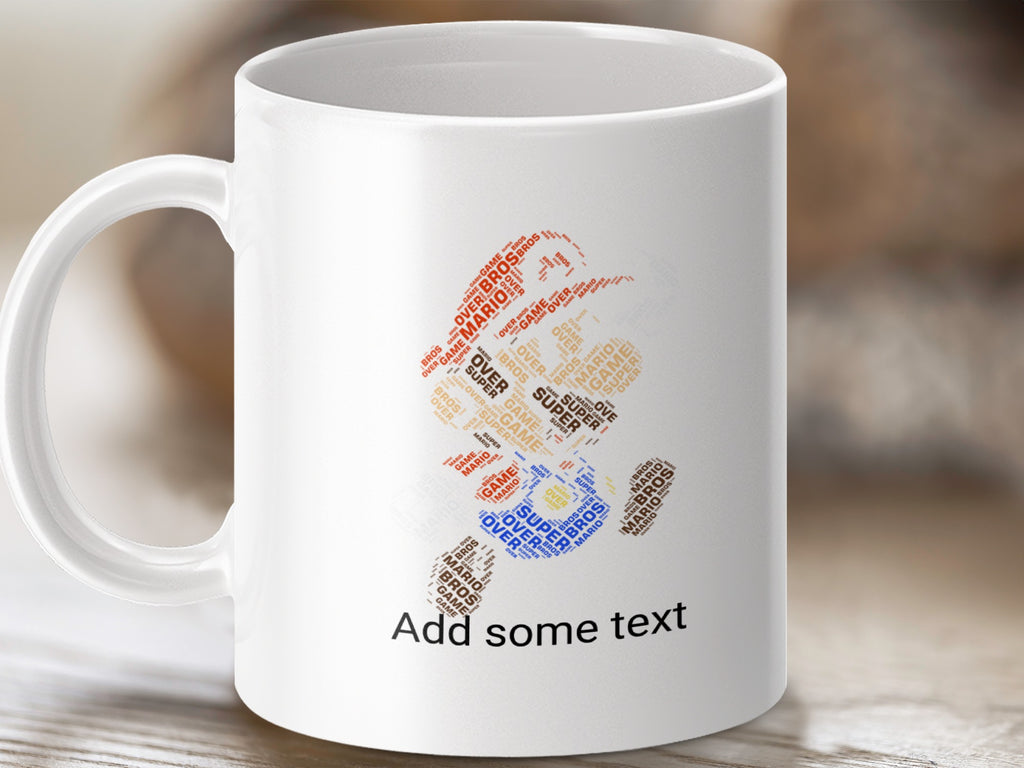 White mug with Mario silhouette made of "Game Over" text.