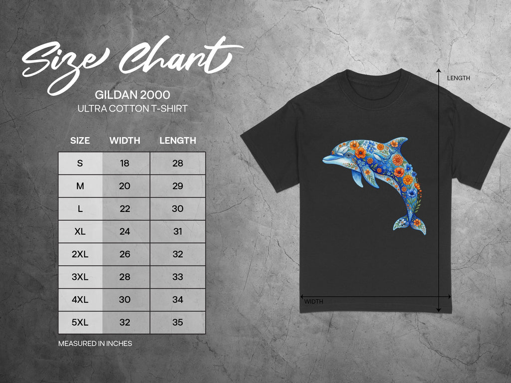 Gildan 2000 Ultra Cotton T-shirt size chart with floral dolphin graphic.