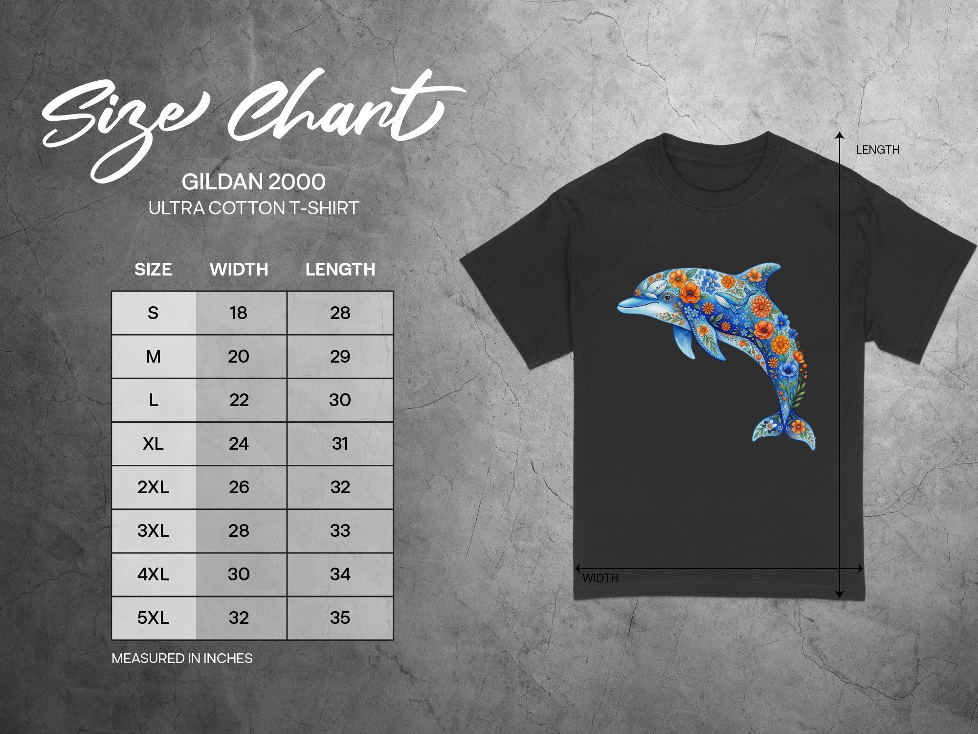 Gildan 2000 Ultra Cotton T-shirt size chart with floral dolphin graphic.