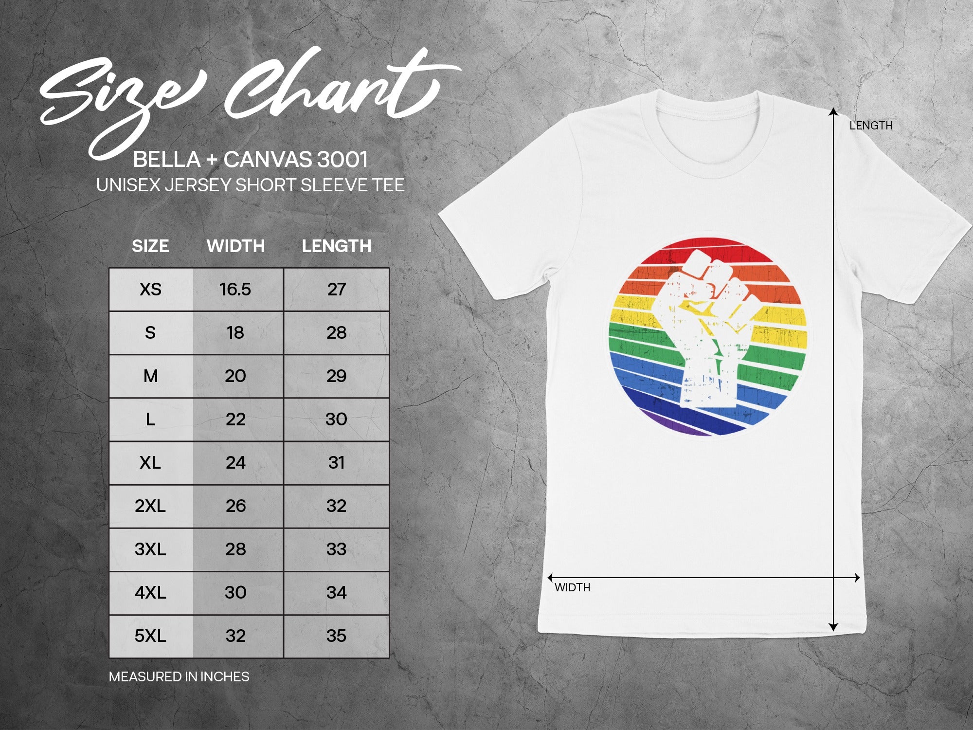 Bella + Canvas 3001 unisex tee size chart with width and length in inches.