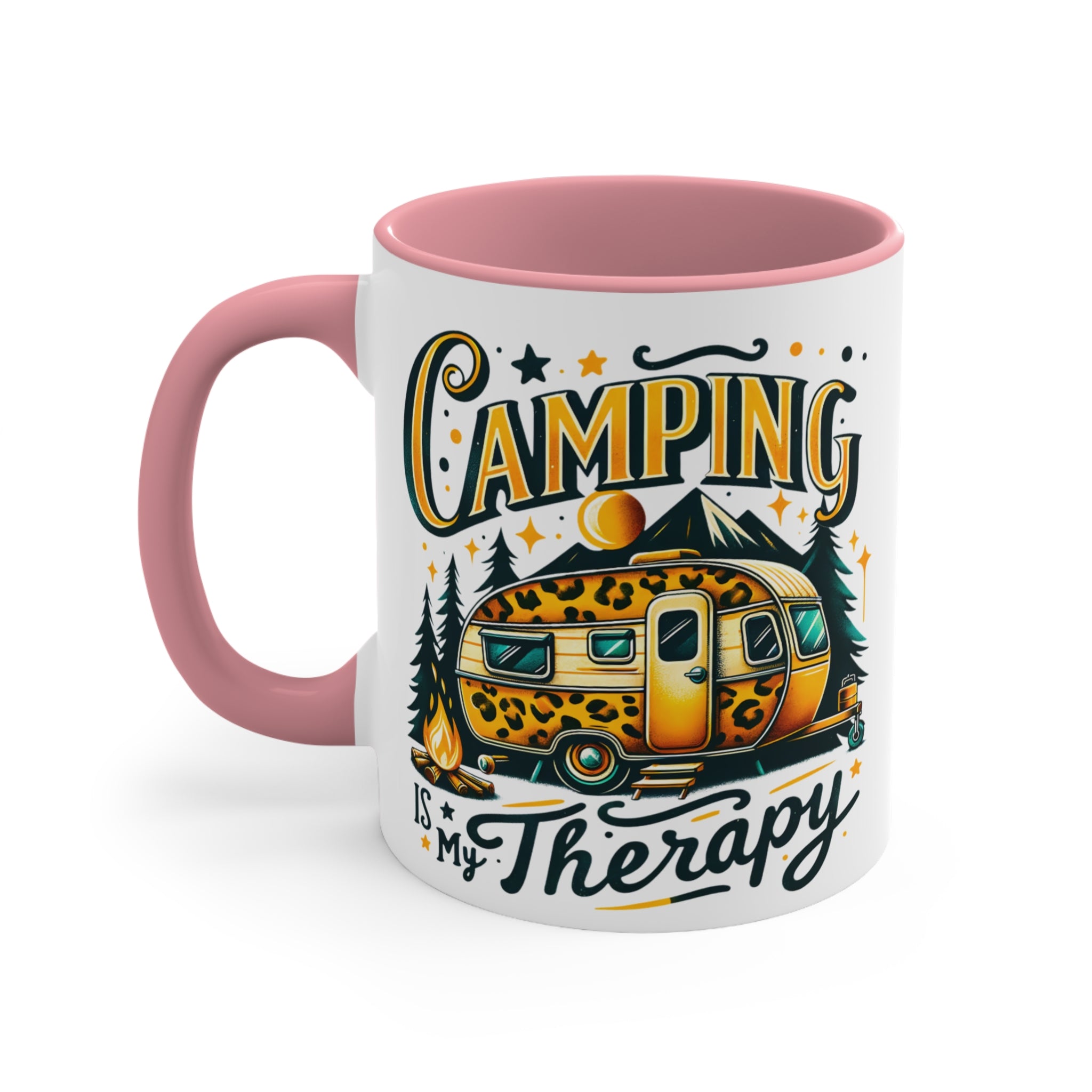 White mug with pink handle featuring a leopard print camper and "Camping is My Therapy" text.