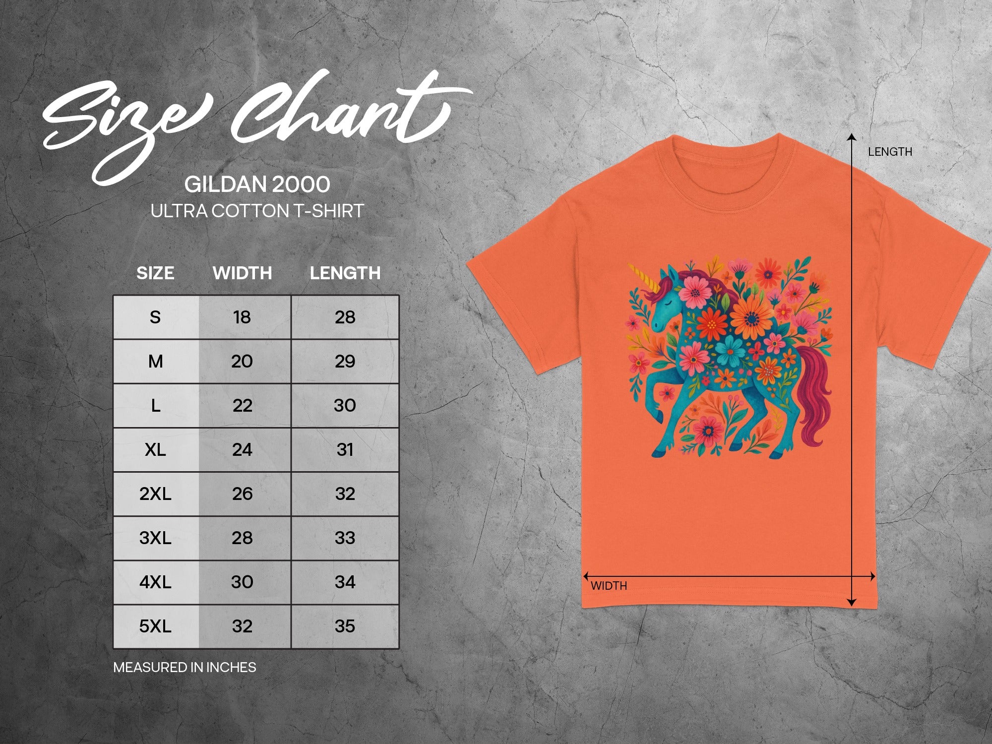 Gildan 2000 t-shirt size chart with unicorn graphic.