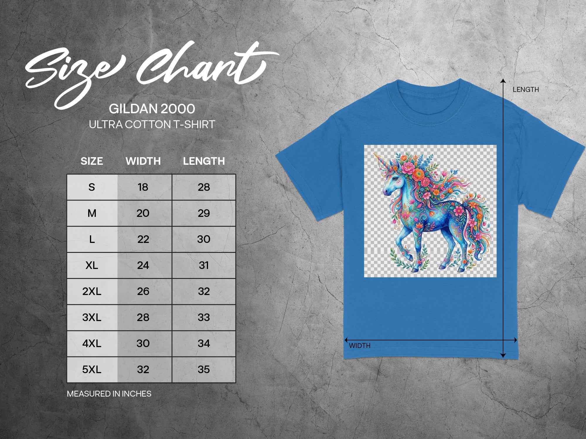 Gildan 2000 ultra cotton t-shirt size chart with unicorn graphic.