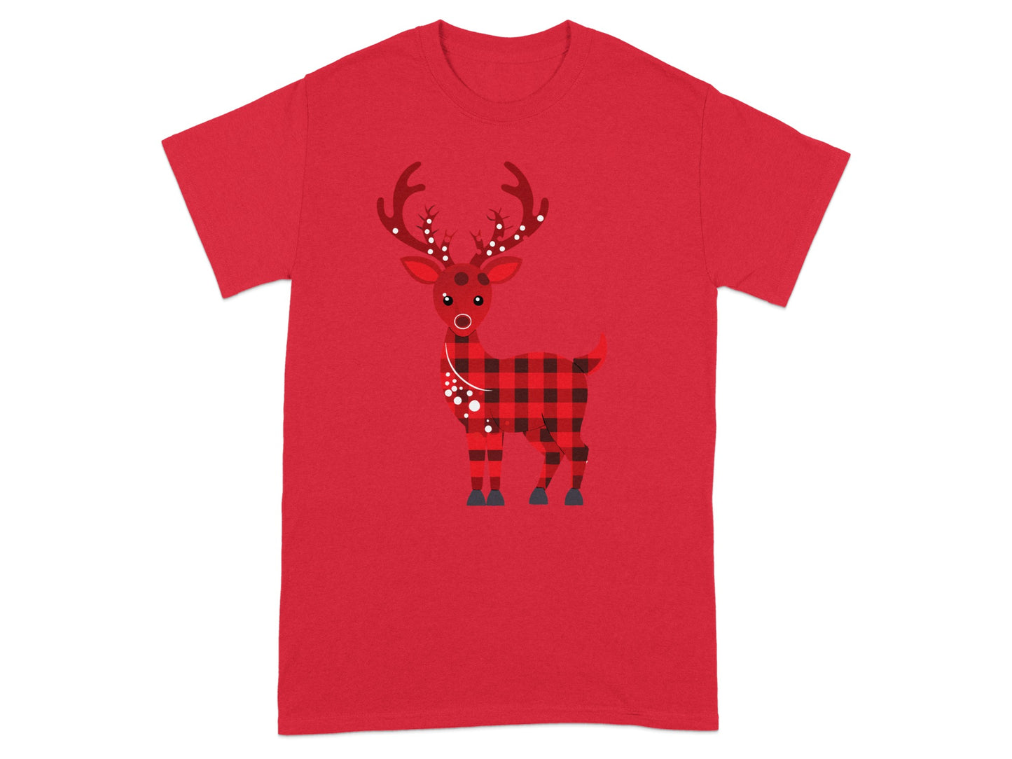 Festive Reindeer Themed Tee with Buffalo Plaid Design